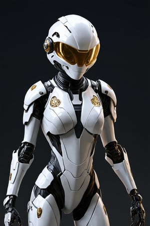 An otherworldly full-body combat spacesuit,Full face helmet,an alien-inspired sci-fi design,Smooth pearl white exoskeleton with shiny gold bioluminescent patterns,Her form-fitting suit accentuates her feminine curves and features animated liquid metal armor plates, while her helmet features a crystal visor with a fractal HUD pattern,An organic and gorgeous shawl that looks like an exotic plant. Golden light pulsates along its limbs, covered in nanomaterials. A fusion of advanced alien technology and baroque decoration. Photorealistic style with surreal and otherworldly elements