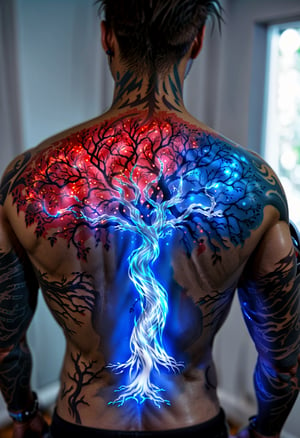 man's back, a glowing cyber tattoo, a red and blue glowing tattoo,a beautiful Tree of Sephiroth Tattoos,FuturEvoLabTattoo,cyborg,bl4ckl1ghtxl