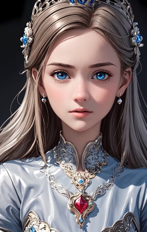 ultra Realistic, Extreme detailed, 1 girl 12years old Princess,crown is silver with rubies that should be above her head in the air, the girl has blue eyes and brown hair, the skin color is closer to white, the girl should be at the bottom of the picture where only the top of her head is visible,