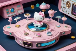 A Sanrio-inspired design of the Starship Enterprise, featuring Hello Kitty as the captain and other beloved characters taking on iconic roles. The ship is adorned with pastel-colored accents, cute character decals, and a playful warp drive. The control panels are transformed into adorable consoles, and the communicator badge is replaced with a charming Hello Kitty emblem. This fusion of sci-fi and kawaii creates a whimsical and delightful Star Trek adventure in the Sanrio universe.