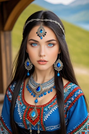 Super detailed, super realistic, beastly,beautiful Nordic girl,
 wears old folk costume, long straight black hair, Yakuts folk costume, beautiful crystal blue eyes, almond eyes, intricate textile decorated with colorful and intricate geometric patterns, arm ornamentation, decorative embroidery.
Beautiful crystal blue eyes, almond eyes, intricate fabrics decorated with colorful and intricate geometric patterns, clothes in earth colors such as White red and green,,aw0k euphoric style, ,perfect likeness of TaisaSDXL,a1sw-InkyCapWitch,photo_b00ster