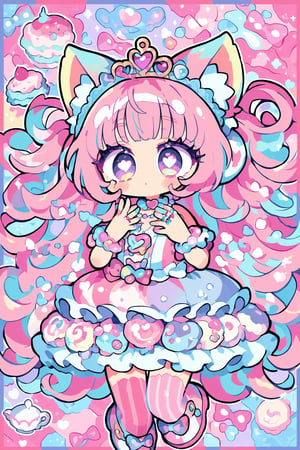 1girl ,vtuber anime character design,love＋peace＋ice cream,big Eyes,Eyes that protrude from the contours of the face,Extremely deformed eyes,
An over-the-top maximalist Vtuber character in hyper-decorative pink Lolita fashion. Her anime-style face features enormous, sparkling eyes in gradient pastel colors, framed by impossibly long eyelashes. Her multi-layered hair cascades in a riot of pastel pinks, purples, and blues, adorned with an excess of bows, flowers, and glittering accessories. She wears a frilly, cupcake-shaped dress in various shades of pink, covered in lace, ribbons, and ruffles. The dress is further embellished with candy motifs, stuffed animals, and miniature tea sets. Multiple petticoats peek out from beneath, each a different shade of pink. She sports striped stockings and platform shoes with heart-shaped buckles, Numerous bracelets, rings, and necklaces adorn her, along with a tiara and cat-ear headphones, background is a dizzying collage of pastel colors,anime style,anime girl,future0615