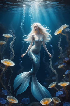 1 girl,In the depths of the ocean, a delicate and ethereal albino mermaid glides gracefully through the azure waters. Her translucent fins shimmer with iridescence as she navigates through a forest of sea anemones, their vibrant tentacles swaying like blossoms in the gentle current. Despite her otherworldly beauty, there's a sense of melancholy about her, as if she's forever searching for something just beyond her reach in the endless expanse of the sea.,underwater