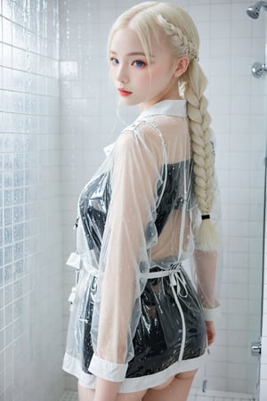 albino girl,(Pure white long braided pigtails),braided hair, Beautiful iris with high precision,sexy mesh fishnet blouse,Girl in transparent raincoat,shower Room Backdrops ,dal,loukong1,