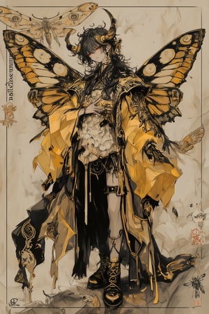 Decadent illustration, beautiful androgynous male, moth motif, 8k resolution, detailed anime style. Gold, black, and white color scheme. Elaborate layered kimono with moth wing patterns, flowing fabrics. Curly black hair with golden ram horns. Pale skin, sharp features, mysterious expression. Large moth wings attached to back, intricate eye-spot designs. Ornate golden accessories, tassels, and embroidery. Baroque-inspired clothing details. Slender figure in elegant pose. Moth antenna headdress. Black and gold boots. Vintage entomology-style moth illustration in background. Soft, diffused lighting. Textured paper effect. Art nouveau and Japanese aesthetics blend. Hyper-detailed fabric patterns and insect anatomy.,dal,FantaVin Anime Art 