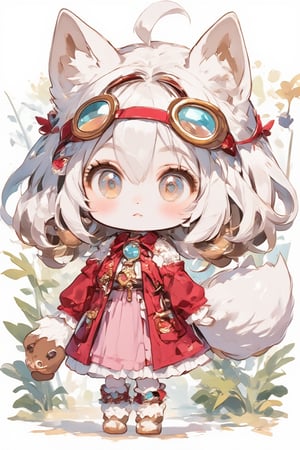 Cute anime-style kemono character, young girl with animal features. White fluffy fox ears and tail. Long silver-white hair. Large golden eyes with a curious expression. Wearing a red and pink outfit with frilly details. Red headband with goggles. Furry paws instead of hands. Chibi proportions with a large head and small body. Soft, pastel color palette. Slight blush on cheeks.looking slightly to the side. Kawaii style, highly detailed, digital art,Chibi-chan