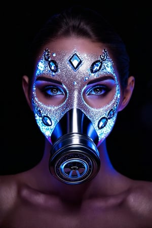 A stunning woman, adorned with makeup, UV Blacklight Face Body Paint,  diamonds Glitter unparalleled beauty,Futuristic gas mask,
radiating a captivating and luxurious allure. The intricately applied diamond makeup enhances her features, creating a dazzling and glamorous appearance that embodies opulence and sophistication,Glowing face, 
,glitt3r