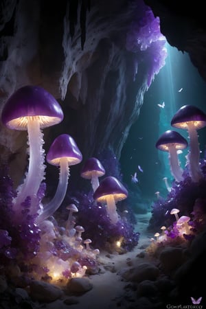 Magical amethyst cave with gemstone mushrooms,Glowing purple crystal walls. Diverse mushrooms made of rubies, sapphires, emeralds, topaz, and amethysts. Quartz clusters and crystal stream. Gem-winged butterflies. Soft, ethereal lighting,
floating jellyfish,man's shadow,
Photorealistic textures with fantastical elements. Ultra HD, focus on light play and gem translucency.",Epic Caves,Amethyst ,,scenery,Jellyfish 