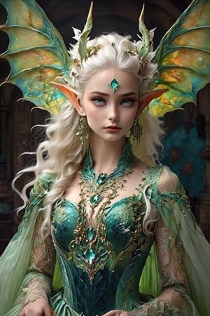 alabaster skin, mystical being, born of the union between a dragon and an elf girl,elf ears,Dragon inspired dress,extraordinary creature exhibits both draconic and elven features, blending the elegance of the elves with the majestic presence of dragons, Its scales might shimmer with ethereal colors, and its pointed ears,,DonM3lv3sXL,Disney pixar style