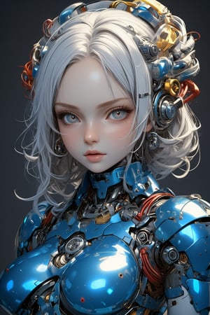 Female cyborg,full body figure,highly polished blue metallic body reflecting light like a mirror surface, Face crafted from pure white alabaster resembling a gothic porcelain doll with delicate features, Large luminous eyes with intricate mechanical iris patterns, Ornate gothic hair ornaments made of alabaster and silver filigree with small mechanical details, Long flowing synthetic hair styled in elegant victorian curls, Multiple vivid cables extending from neck area in bright red yellow and white creating a dramatic contrast against blue body, Cables have a glossy plastic finish and gentle curves like ribbon streamers,Body constructed of smooth curved panels with visible joint sections, Mirror-finish blue metal reflecting environment creating complex light patterns, Mechanical parts visible at joint areas with precise technical details, Graceful feminine proportions with elegant posture, Doll-like hands with visible mechanical articulation at fingers, Gothic-inspired design elements integrated into mechanical parts, Subtle LED lighting effects in eyes and joint areas, Expression serene and doll-like yet hints at artificial intelligence, Contrast between cold mechanical body and delicate porcelain features, Interior mechanical parts glimpsed through strategic transparent panels, Metallic surface transitions seamlessly to porcelain features at neck area,PorcelainDollPrincess,\mechako\