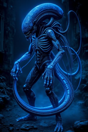 A menacing Alien Xenomorph with its entire body covered in intricate, exotic tattoos. The tattoos glow bright blue under UV light, creating an eerie, bioluminescent effect across its exoskeleton. Intricate patterns reminiscent of ancient alien hieroglyphs and cosmic symbols adorn its elongated head, ribbed torso, and segmented limbs. The creature's signature double jaw is accentuated by swirling tattoo designs. Its long, deadly tail features spiraling luminous patterns. The Xenomorph stands in a dark, mist-filled environment, with only the UV-reactive tattoos illuminating its biomechanical form. Hyper-detailed textures, 8K resolution, dramatic lighting emphasizing the glowing blue tattoos against the creature's dark exoskeleton.,MechaCyborg69,uvtattoo