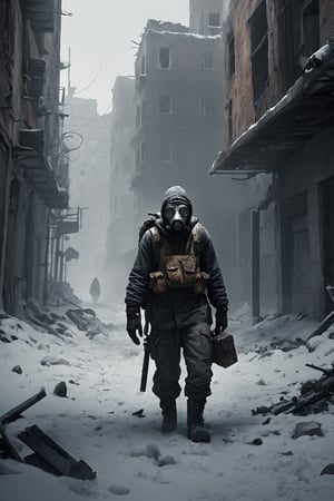 post-apocalyptic cityscape, where decay reigns supreme,snow,Amidst the ruins, visualize a lone figure—a man wearing a gas mask, donned in tattered clothing, with a backpack slung over his shoulders. The dim light reveals his determined silhouette as he stealthily navigates through the shadows, scavenging for essential supplies to survive in this unforgiving world. Convey a sense of isolation and resilience, capturing the harsh reality of a post-apocalyptic existence through the haunting presence of the gas-masked man in the decaying urban environment.",winter resort1