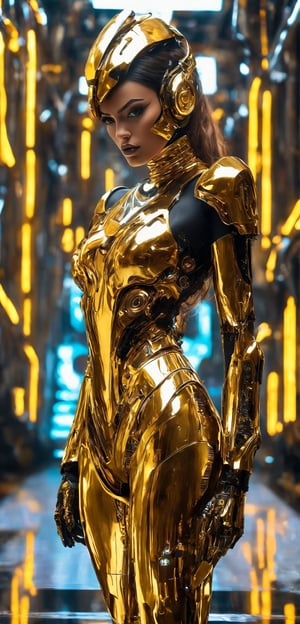  cyborg diva,1girl,
 entirely covered in gold chrome body, gleams with a metallic sheen,
glamorous body, reflecting light with every movement. She wears excessively flamboyant cyber fashion, including high-tech bodysuits adorned with neon lights, holographic patterns, and intricate circuitry designs. Her accessories are bold and extravagant, featuring oversized, glowing headgear and futuristic, gold-plated boots. This striking combination of golden chrome and over-the-top cyber fashion creates an awe-inspiring and mesmerizing presence,FuturEvoLab-lora-mecha