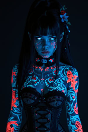 1 girl, gothic emo girl, long black hair and piercing blue eyes, sickly white skin, nose piercing, she wears a black lace corset, luminous body tattoos, Japanese tattoos, red cherry blossoms on her skin and blue koi fish intertwine across her body covered in glowing cyber tattoos with Japanese motifs, the dark background highlighting the brightly glowing tattoos of neon blue and red backlighting, highly detailed,ct-identity,tron legacy style,glowingstyle,Midjourney_Whisper