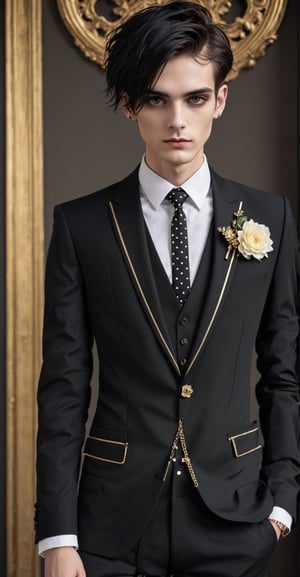 Solo,Realistic photo, nasty man, aesthetic French gentleman, emo aristocratic style, short hair,eye shadow,emo Gothic makeup, chic black business suit with polka dot tie,black manicure finger,(luxury golden lapel pin chain),
Flower handkerchief in chest pocket, Slender man with long legs and tall stature,Handsome boy,abmhandsomeguy