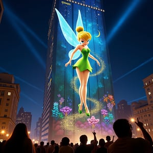 Colossal concrete skyscraper at night, its entire 100-story facade transformed by cutting-edge projection mapping. Animated Tinkerbell, 50 feet tall, pirouetting gracefully across the building's surface. Her gossamer wings span 30 feet, shimmering with iridescent blues and purples. Golden pixie dust trails behind her, creating intricate, swirling patterns that morph into blooming flowers and fluttering butterflies. Tinkerbell's blonde hair flows as she dances, her green dress sparkling.
The projected background shifts from an enchanted forest with towering trees and glowing mushrooms to an underwater scene with shimmering fish and coral. Twinkling stars and a crescent moon adorn the upper floors. Building's windows appear as firefly-lit lanterns or glowing fairy houses.
Ground-level spectators point up in awe, their faces illuminated by the display. Children on parents' shoulders reach out as if to catch falling pixie dust. High-powered projectors visible on nearby rooftops, beams of light cutting through the night air.
Surrounding city lights dimmed in comparison to the dazzling display. Occasional lens flares and light beams add photorealistic quality. Building's edges softened by the projection, creating an illusion of a magical floating structure in the urban landscape.