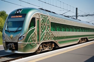 An elven-crafted locomotive, predominantly constructed with transparent glass, adorned with intricate Celtic designs. The sleek, ethereal glass engine is embellished with interwoven knotwork patterns, reminiscent of Celtic artistry. The train cars follow suit, featuring large, transparent windows that allow passengers to enjoy panoramic views,This elven-engineered locomotive seamlessly blends the elegance of elven craftsmanship with the mesmerizing beauty of Celtic design, creating a unique and enchanting mode of transportation ,DonM3lv3sXL,Clear Glass Skin,Magical Fantasy style