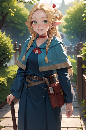 masterpiece,best quality,highres,ultra-detailed,marcille donato,elf,pointy ears,long hair,twin braids,hair ribbon,red choker,blue capelet,robe,long dress,blue dress,long sleeves,red ribbon,belt,wide sleeves,skirt,pants,pants under skirt,,outdoors,cowboy shot,smile,standing,sandals