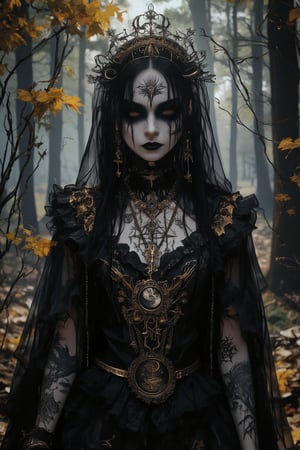 mystical portrait of a dark oracle priestess in an autumnal forest setting. She wears an elaborate black sheer veil and dress decorated with intricate gold embroidery patterns and celestial motifs. The fabric features delicate metallic thread work creating mysterious symbols and constellations. Her face shows dramatic gothic makeup with dark eyes and occult symbols painted around them. A large antique brass medallion pendant with mystical engravings hangs from her neck. The black gossamer fabric of her dress and veil flows ethereally, adorned with tiny crystals that catch the dim forest light. The background shows a misty autumn forest with golden leaves and dark tree trunks. She wears multiple layers of ornate jewelry with mystical symbolism, including moon phases and archaic runes. Face paint and temporary tattoos suggest ritual markings. The lighting is moody and atmospheric, with occasional gleams highlighting the golden embroidery against the black fabric. Fantasy photography style, perfect focus on intricate costume details, dark romantic atmosphere, mystical elements, professional lighting emphasizing the mysterious mood,Hyperrealism &Surrealism,Gothic,corpsepaint