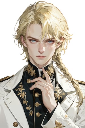 Extreme detailed,Realistic,solo,aesthetic art,
official art, extremely detailed, Extreme Realistic,  Nordic beautiful teen boy,beautifully detailed eyes, detailed fine nose,((long blonde hair:1.2)),
long braid hair, detailed fingers,muscle body, wearing extremely detailed luxury male Prince Albert coat, high quality, beautiful high Detailed white short hair,boy,emo,