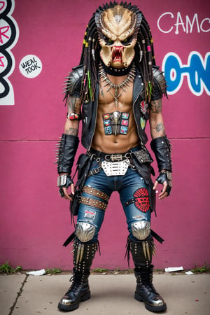  Predator alien,Yautja, Hish, P adopts an aggressive stance, decked out in hardcore punk and crust core fashion. Its dreadlocks are partially dyed in vibrant neon colors. The alien wears a torn, patch-covered black leather jacket adorned with metal spikes and anarchist symbols. Underneath is a grungy band t-shirt, ripped to expose its muscular chest. Tight, shredded jeans covered in safety pins and patches are held up by a studded belt. Combat boots with steel toes complete the look. The Predator's mandibles are pierced with multiple rings. Its mask is customized with punk-style graffiti and stickers. A spiked collar adorns its neck. ,Predator1024