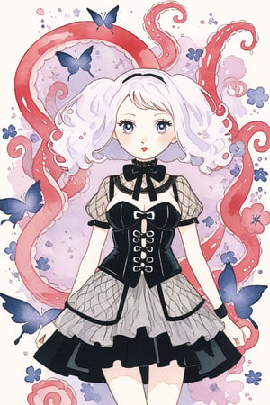 maximum Kitsch and chaos Illust,Osamu Tezuka Style,
1goth girl,psychedelic bondage fashion,sickness,
ultra cute Harajuku Style grunge fashion,colorful fairy Lolita themes, albino Demon girl,(Extreme long Tentacles hair),luxury mesh fishnet blouse,bondage corset,corset piercing,Gigantic Breast,
emo,watercolor \(medium\),score_9,t