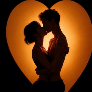 ultra Realistic, Extreme detailed,
Two lovers intertwined in a passionate embrace, their silhouettes illuminated by a warm, orange glow, in the form of a Heart,
