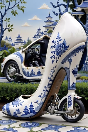 digital art, 8k, picture of a high heel woman's shoe made out of bone china in the japanese blue willow pattern, sid view of shoe  beautiful, highly detailed, whimsical, fantasy,High heels with wheels ,more detail XL,high heel car
