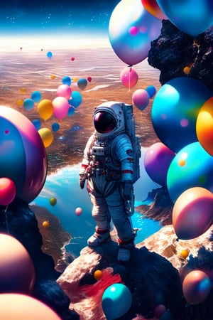 Surreal digital painting,(lot balloon:1.4), Astronaut in detailed spacesuit standing on celestial body entirely covered in vibrant, multicolored balloons. Endless sea of balloons stretching to horizon, some floating gently. Stunning starry space background, distant galaxies visible. Astronaut's visor reflecting balloon colors. Impossible physics - balloons retaining shape in space. Contrast of scientific exploration and whimsical discovery. Hyper-realistic textures on sp
