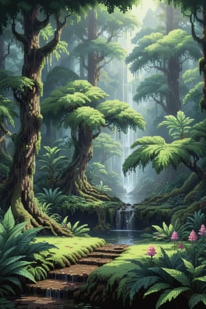 pixel art,
environment), (beautiful scenery,
Masterpiece, best quality, 8K, high res, ultra-detailed,  amongst lush greenery, adorned by vibrant flowers, no humans, beautiful view, ultra-detailed, fine detailed, highly detailed, intricate, highly detailed, ultra-detailed, scenery, no humans, misty atmosphere, solitary, intricate details, delicate features, verdant trees, soft moss, deep forest, intricate leaves and vines, wisps of light, verdant green,