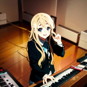 Tsumugi Kotobuki , blonde long hair, ((masterpiece)), k-on!, cute, musical keyboard, performance, music, indoors, smile, scholar uniform,tsumugi kotobuki