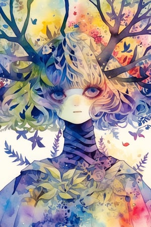 Emo design,crazy colorful illustration,Simple art,Treant, tree with a cute face, a face covered in flowers,(only Face:1.2),(face seen from the side),emo,watercolor \(medium\), ,Anime girl,papercut,dreamscape,Flat Design,doodle,doodleredm