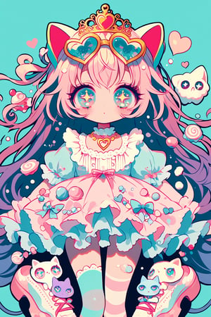 1girl ,vtuber anime character design,love＋peace＋ice cream,big Eyes,(Eyes that protrude from the contours of the face:1.3),Extremely deformed eyes,
An over-the-top maximalist Vtuber character in hyper-decorative pink Lolita fashion. Her anime-style face features enormous, sparkling eyes in gradient pastel colors, framed by impossibly long eyelashes. Her multi-layered hair cascades in a riot of pastel pinks, purples, and blues, adorned with an excess of bows, flowers, and glittering accessories. She wears a frilly, cupcake-shaped dress in various shades of pink, covered in lace, ribbons, and ruffles. The dress is further embellished with candy motifs, stuffed animals, and miniature tea sets. Multiple petticoats peek out from beneath, each a different shade of pink. She sports striped stockings and platform shoes with heart-shaped buckles, Numerous bracelets, rings, and necklaces adorn her, along with a tiara and cat-ear headphones, background is a dizzying collage of pastel colors,anime style,anime girl,future0615