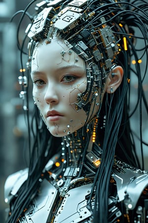 Impressive cyberpunk style art, albino female neuromancer, long hair composed of cables,Mexican Skull face paint, many wires coming out of her head, high-tech jacket composed of circuit boards, metal parts, prosthetic hands made of high-tech materials
A breathtaking masterpiece, Cyborg,circuitboard,ktrmkp