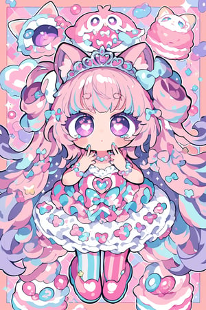 1girl ,vtuber anime character design,love＋peace＋ice cream,big Eyes,Eyes that protrude from the contours of the face,Extremely deformed eyes,
An over-the-top maximalist Vtuber character in hyper-decorative pink Lolita fashion. Her anime-style face features enormous, sparkling eyes in gradient pastel colors, framed by impossibly long eyelashes. Her multi-layered hair cascades in a riot of pastel pinks, purples, and blues, adorned with an excess of bows, flowers, and glittering accessories. She wears a frilly, cupcake-shaped dress in various shades of pink, covered in lace, ribbons, and ruffles. The dress is further embellished with candy motifs, stuffed animals, and miniature tea sets. Multiple petticoats peek out from beneath, each a different shade of pink. She sports striped stockings and platform shoes with heart-shaped buckles, Numerous bracelets, rings, and necklaces adorn her, along with a tiara and cat-ear headphones, background is a dizzying collage of pastel colors,anime style,anime girl,future0615