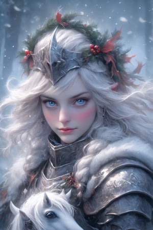 (close-up portrait of a knight lady on a white horse:1.2), white long hair, bright clothes, pale skin, blue eyes,, the girl has Beautiful blue eyes, (soft expression), Depth and Dimension in the Pupils, So beautiful eyes that Has deep clear eyes, detailed eyelashes, mesmerizing iris colors, (focus on the eyes:0.8), (Dimly shining eyes),Scar in one eye,
 1Girl,18 years old noble bloodline,fantasy world, medieval scene, masterpiece, no helmet, (art by greg rutkowski:1.2), glow effects, godrays, Hand drawn, render, 8k, octane render, cinema 4d, blender, dark, atmospheric 4k ultra detailed, cinematic, Sharp focus, big depth of field, Masterpiece, colors, 3d octane render, 4k, concept art, trending on artstation, hyperrealistic,valent_1314,Christmas Fantasy World