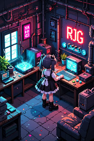 3D pixel art scene, isometric view. Anime-style characters and objects composed of colorful voxels. High contrast lighting with neon accents.

Focal point: Gothic Lolita girl working in a cyberpunk workshop.
- Girl: Black and white frilly dress, platform boots, twin-tails hairstyle
- Face: Large pixel eyes, rosy cheeks, small mouth
- Accessories: Pixel bow, chunky jewelry

Cyberpunk workshop details:
- Cluttered workbench with pixelated tools and gadgets
- Holographic screens displaying scrolling code
- 3D printer creating a glowing object
- Exposed neon tubes and cables on walls
- Floating robot assistant with pixelated emotes

Environmental elements:
- Steampunk-inspired gears and pipes in background
- Retro-futuristic computer terminals
- Voxel smoke or steam rising from machinery

Color palette: Deep purples, electric blues, neon pinks, and cyber greens against darker background

Lighting: Dramatic shadows and highlights emphasizing 3D nature of pixels
- Glow effects from screens and neon signs
- Reflection on metallic surfaces

Additional details:
- Pixelated posters of anime characters on walls
- Voxel cat familiar perched on a shelf
- Cubic plants in geometric planters

Animation suggestion (if applicable): Subtle pixel movements like blinking lights, rotating gears, or floating particles,Pixel Art,1girl