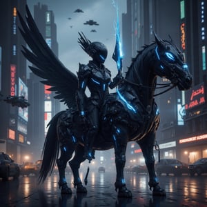 Cyberpunk-style knight on a cyborg horse, digital art. Sleek black cyber-suit with glowing neon blue accents. Imposing black helmet with tinted visor, displaying holographic HUD. Mechanical wings on the back, folded, made of black carbon fiber with exposed circuitry. The cyborg horse is a fusion of organic and mechanical parts, with visible hydraulics and armor plating. Neon lights trace the horse's muscular structure. The knight wields an energy lance, crackling with electricity. Urban night backdrop with towering skyscrapers and flying vehicles. Rain-slicked streets reflect neon signs. Atmosphere is gritty and high-tech. Hyperdetailed textures on the armor and horse's cybernetic parts. Color palette dominated by blacks, silvers, and electric blues. Dynamic pose, suggesting movement and power. Lighting emphasizes the contrast between shadow and neon glow.,Angelic Knight,F-GVA Armour Suit