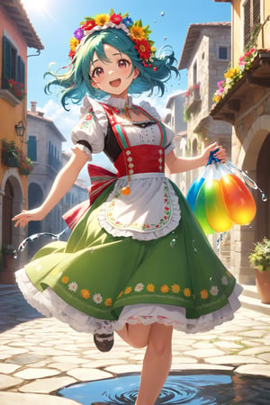 1Girl,Playful Italian girl, in traditional folk costume ,wielding colorful water gun,Ornate embroidered bodice, flowing skirt with regional patterns, lace-trimmed apron. Hair adorned with floral wreath. Joyful expression as she sprays water. Sunlit Italian village square background, ancient stone buildings. Puddles reflecting sky. Dynamic pose, water droplets sparkling mid-air. Blend of tradition and modern fun. Vibrant colors, hyper-realistic details in costume and water effects