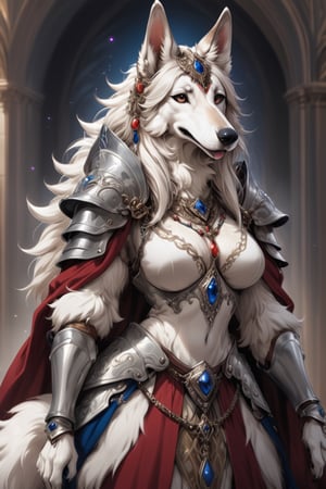 Extreme detailed,HENTAI anime style,
very long White hair beautiful borzoi aristocratic woman,(very long nose:1.5),((Fur skin)),(long eyelashes),wears many ornaments,elegance and beautiful  borzoi Dog,
Wearing luxury Maximilian Armor,large Breast,
l ,aw0k euphoric styleMagical Fantasy style,Qftan,knight,anthro,dal