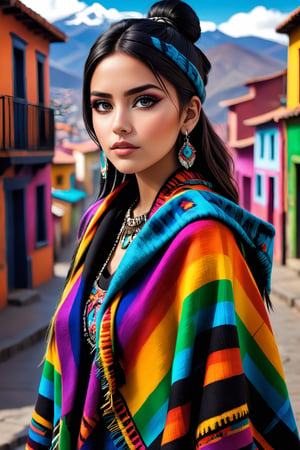 photo realistic,Bolivian girl, fusion of Bolivian traditional attire and Gothic punk style creates a unique and captivating look,colorful Woollen Poncho, The bold colors and intricate patterns of the traditional garments are juxtaposed with edgy accessories and dark accents characteristic of the punk aesthetic.,K-Eyes,dal,
Background: Beautiful South American cityscape,PIXAR