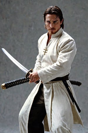 1man,Christian Bale,Equilibrium,cleric,White cleric's outfit,John Preston, katana, holding sword, ready to draw, sheathed, unsheathing, scabbard,,action shot,Perfect Hands