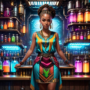 The person behind the counter,young woman in a relaxed, standing pose,She is holding the hem of her Dashiki colorful sleeveless dress, bar counter in the hyper-future, an alchemist's workshop in a super-scientific world, canisters wrapped in mechanical elements, energy lights, and a cyberpunk worldview,