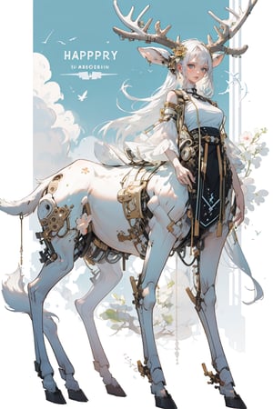 female_solo, albino centaur, curvaceous, masterpiece, breasts, defined, happy,Alabasta
_skin, glow, golden_eyes, white_hair, long_hair,  clear face, flawless, flawless face, centaur, taur, 4 legs,3va,deer ear