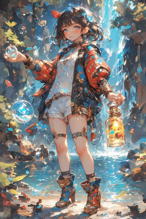 Anime-style illustration of a cheerful young alchemist girl with short black hair with ahoge, blue eyes and a bright smile. Tribal face paint: delicate white swirls around eyes and cheeks. Outfit: white shorts, black and gold jacket, red arm wraps, magical items floating around: glowing potion bottles, small creatures, Accessories: star-shaped hair clip, unique high-heeled boots (blue, gold, red), Pose: facing the viewer, Color palette: black, white, gold, red, blue accents. Style: clean lines, vibrant colors, details. Background: beautiful waterfall pool. lush greenery, sparkling water, misty air. Lighting: soft, magical light emanates from both the character and the waterfall. Mood: fun, mysterious, adventurous. Key details: smoke coming from the potion, floating stars, intricate design on the clothing. Overall: a charming blend of magic, science and nature in an energetic character design. ,dal,Fantasy Girl,dal,fantasy girl