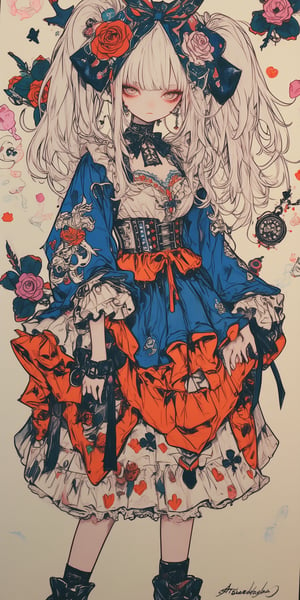 Maximalist fashion anime girl, ornate gothic punk design, dissatisfied expression, long wavy platinum blonde hair, intricate hair bow with playing card motif, blue ruffled dress with multiple layers, orange underskirt, detailed floral pattern, red and pink roses, playing card symbols scattered on dress, pocket watch accessory, lace trim, platform boots, pale skin, large expressive eyes, Alice in Wonderland inspired, highly detailed digital painting, studio ghibli style, artstation trending,FantaVin Anime Art,Color,FantaVin Anime Art,PorcelainDollPrincess,ct-abu