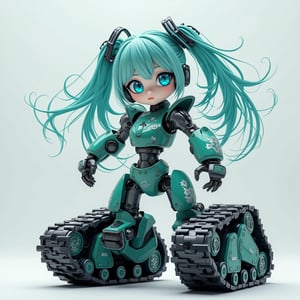 Hatsune Miku with caterpillar tracks lower body, Upper body maintains Miku's iconic look,teal twin-tails, futuristic sleek armor resembling her classic outfit, blue eyes with digital displays,

Lower body transforms into robust tank-like treads, Mechanical joints connect humanoid torso to tracked base. Treads adorned with musical note patterns,
 Teal energy trails from hair and tracks. Blend of cute pop idol aesthetics with heavy mecha design.
Detailed mechanical parts, glossy armor plates. Contrasting soft curves of Miku's design with angular industrial lower body.,ct-identity