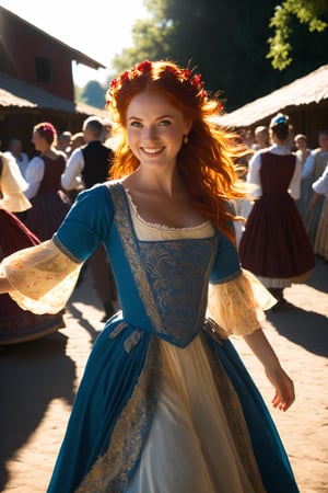 Pictures of a 25-year-old red-haired angel, with a warm, happy expression and big blue eyes gazing straight at the viewer. She has a warm, happy expression on her face and large blue eyes that look straight at the viewer. She is dancing in a traditional folkloric dress at a village festival on a sunny day. The viewer has the impression of being her dancing partner. Sunlight rays penetrate the scene created by ray-tracing, giving the sunlight a realistic effect. The background is slightly blurred to focus on her facial expressions and the details of her dress. The lighting is natural and bright, enhancing the cheerful atmosphere,18thcentury,photo_b00ster,bj_Devil_angel