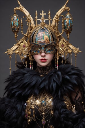 Highly detailed portrait of a woman wearing an extravagant, gothic-inspired headdress and jewelry, blindfolded,
The headdress resembles a cathedral, with intricate stained glass windows depicting religious scenes,Elaborate metalwork frames the windows, with dangling chains and tassels. The headdress extends outwards like wings, adorned with more metalwork and jewels. A mask covers the upper half of the face, made of ornate gold filigree and studded with gemstones, leaving only the lips visible. Around the neck is a thick collar of black feathers. An ornate chest piece covers the upper body, featuring religious iconography, gemstones, and intricate beadwork. Multiple necklaces with crosses and pendants hang below. The overall style is a mix of gothic, religious, and steampunk aesthetics. Hyperrealistic, studio lighting, 8K resolution.,blindfolded flower