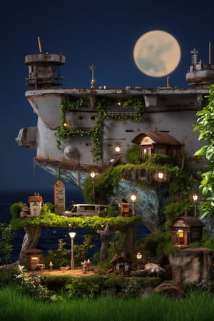 Abandoned aircraft carrier transformed into a whimsical fairy village. Moss-covered flight deck now a bustling marketplace with mushroom stalls and flower petal awnings. Tiny homes crafted from repurposed aircraft parts dot the deck, Fairy lights strung between miniature lampposts made from shell casings,There is a small board for departures on the side,

Below deck, cargo holds converted into grand halls with acorn thrones and dewdrop chandeliers. Engine rooms now house magical workshops, gears repurposed for pixie-powered inventions,

Carrier's island serves as a lookout tower, draped in vines and topped with a glowing crystal beacon, Elevators retrofitted as transport for flying creature,

Bioluminescent plants illuminate the village at night, casting an ethereal glow. Ocean laps gently at the carrier's rusted hull, now a haven for merfolk and sea sprites.,Product 